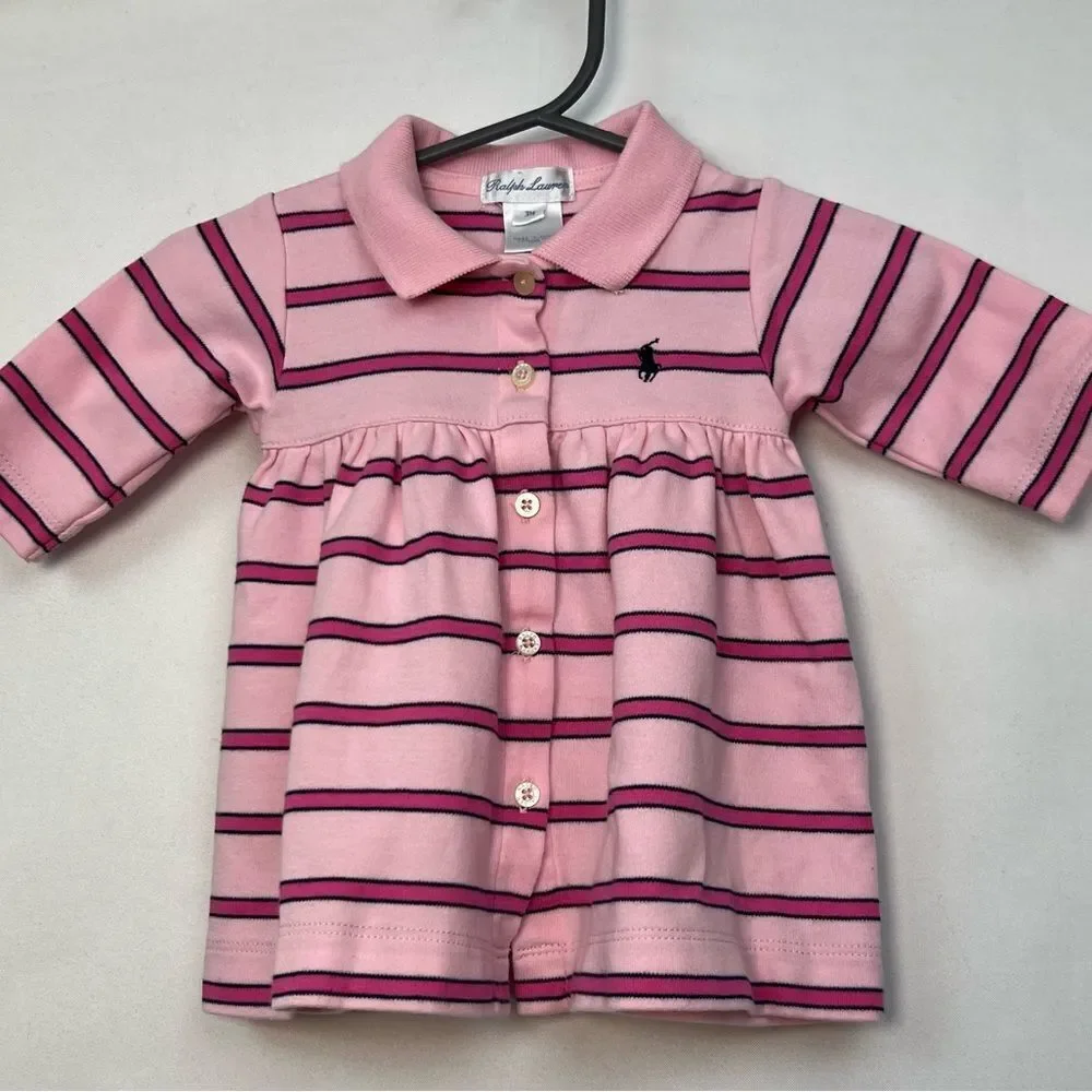 Ralph Lauren Pink striped button front dress with Diaper Cover EUC size 3 months